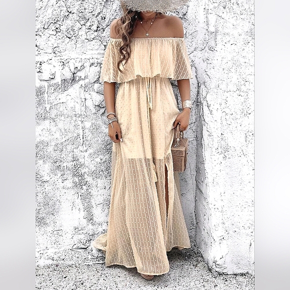 NEW Flowy Sheer Lace Off Shoulder Split Maxi Dress Cream Ivory Tan Beige - Picture 2 of 8